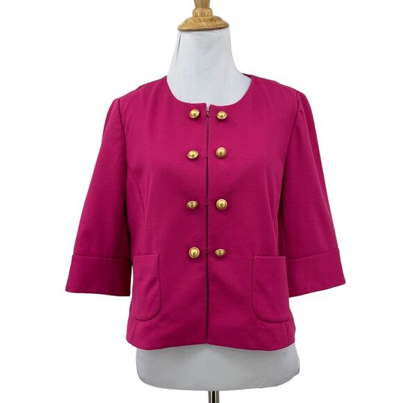 Ann Taylor Loft Crop Jacket Womens M Medium Berry 3/4 Sleeves Gold Buttons Top - Picture 1 of 11